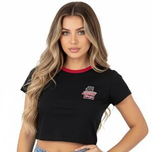 Dickies Racing Crop T-shirt Juniors Large Black Short Sleeve Crew Tee Retro Top